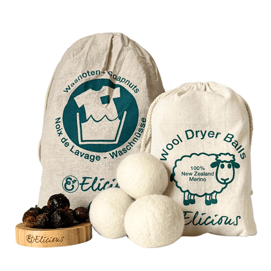 Set van ecologische wollen drogerballen & 750g wasnoten met waszakje - Elicious